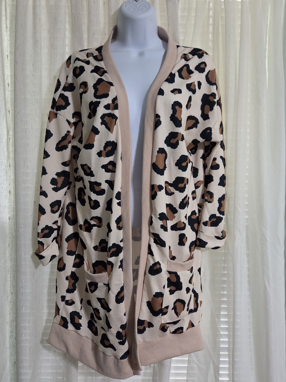 No Brand-Leopard Print Open Cardigan Sweater - Cream & Brown